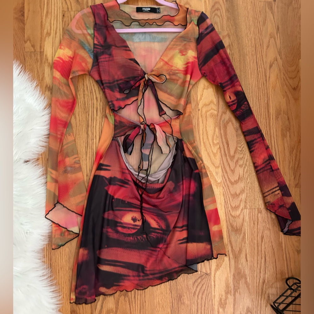 Jaded London multicolored mesh dress with tie front and long sleeves!